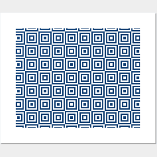 Navy Blue White Geometric Squares Pattern Posters and Art